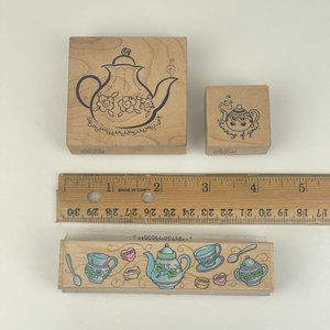 Vtg 3 Rubber Stamps‎ Tea Cups Tea Pots Thinking of you Tea Party PSX Hero Arts